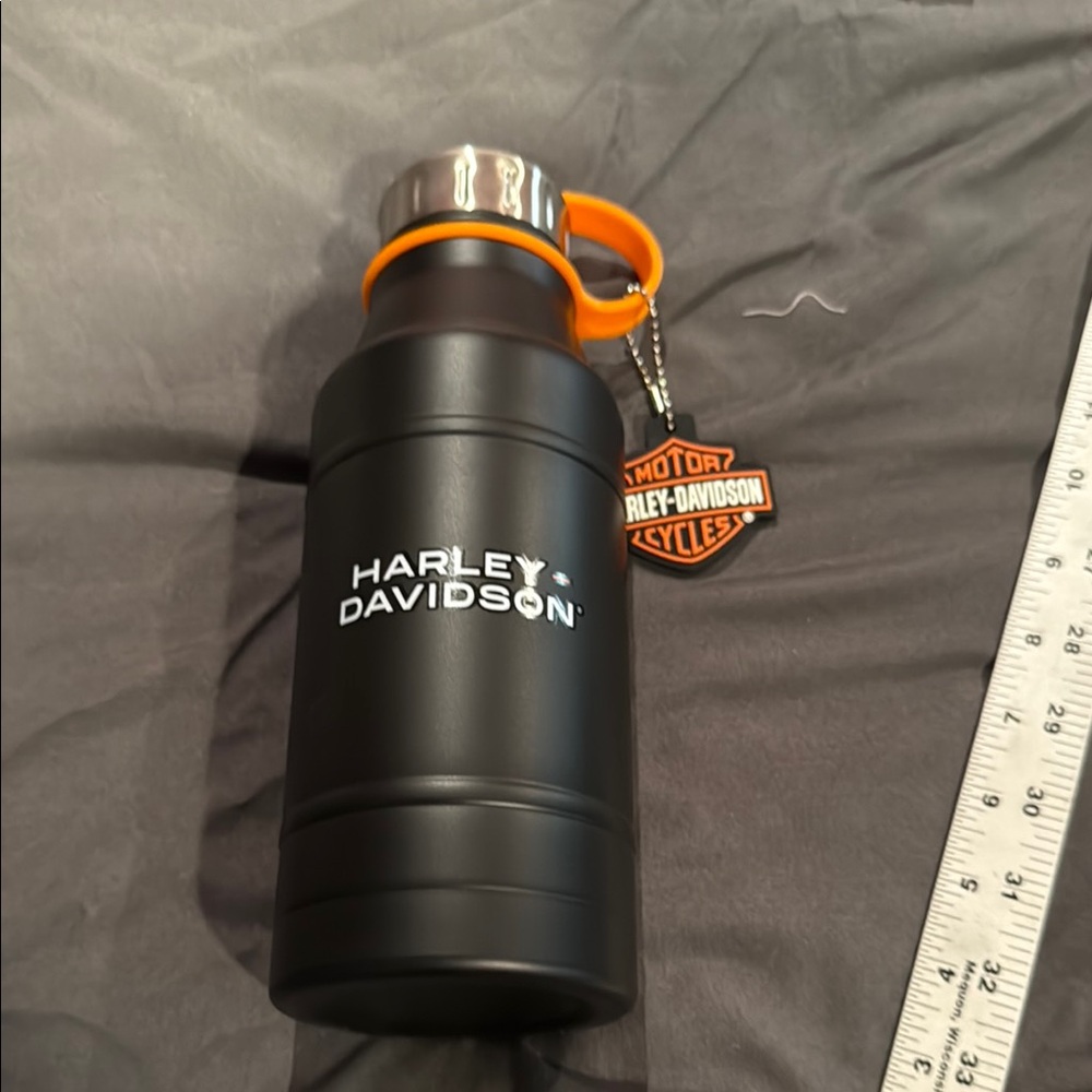 Harley-Davidson Black Metal Water Bottle with Orange Handle NWOT